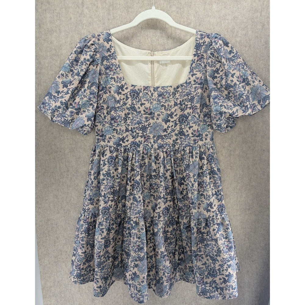 Aureum Blue Floral Puff Sleeve Tiered Mini Dress Square Neck Womens Size M - Picture 3 of 8